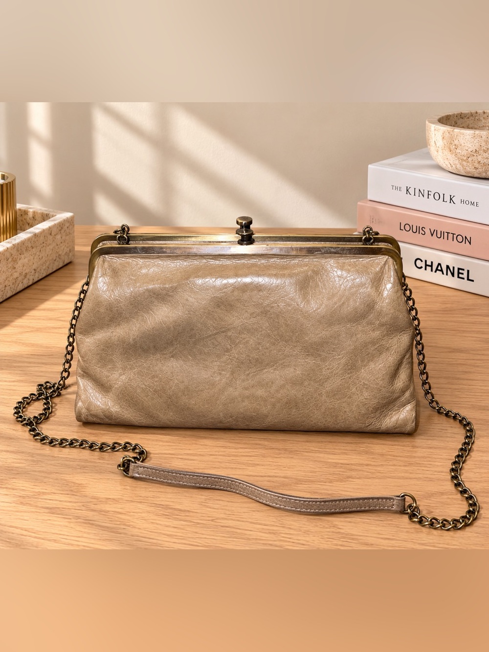 HOBO International Taupe Leather Frame Clutch Shoulder Bag Chain Strap #1048